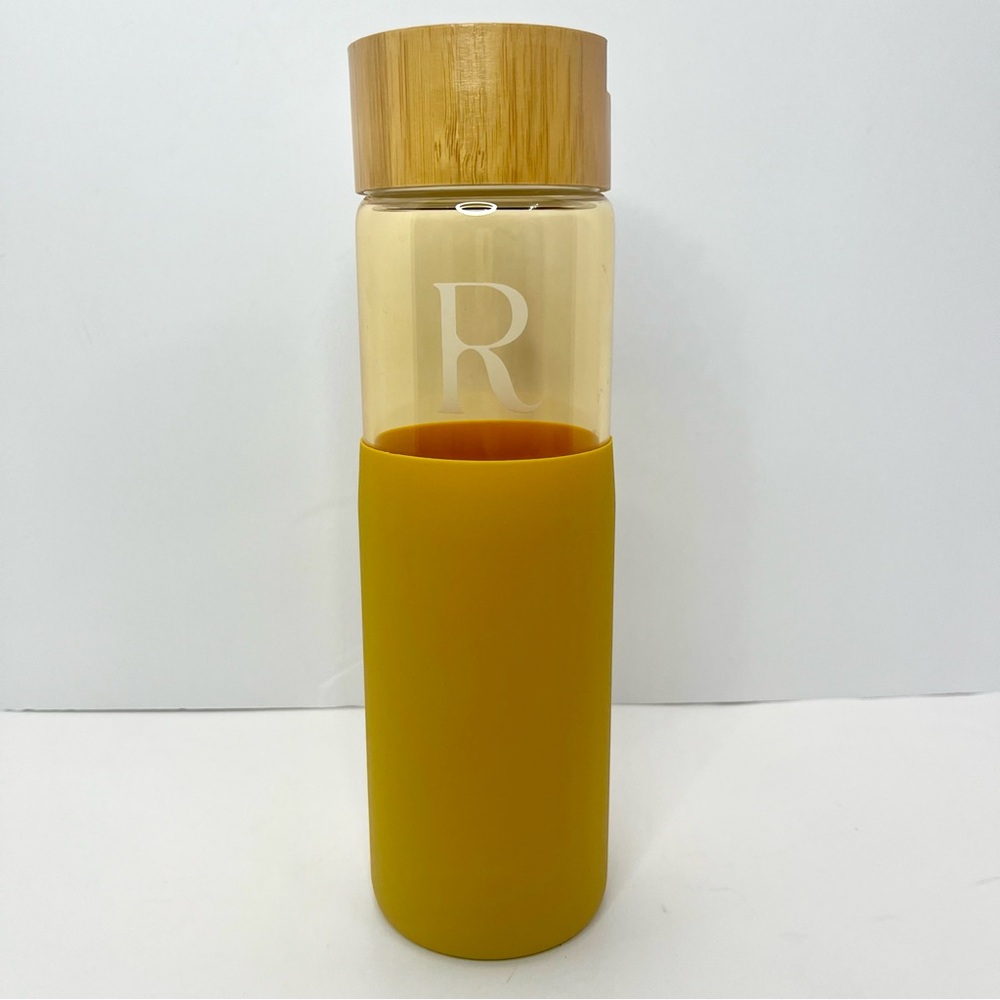 Anthropologie Sienna Monogram Initial “R” Glass Water Bottle Silicone Mustard